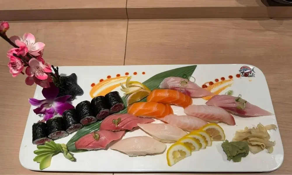 Premium sushi assortment on a plate at AKAMI Sushi & Grill,a Japanese Restaurant in Dawsonville